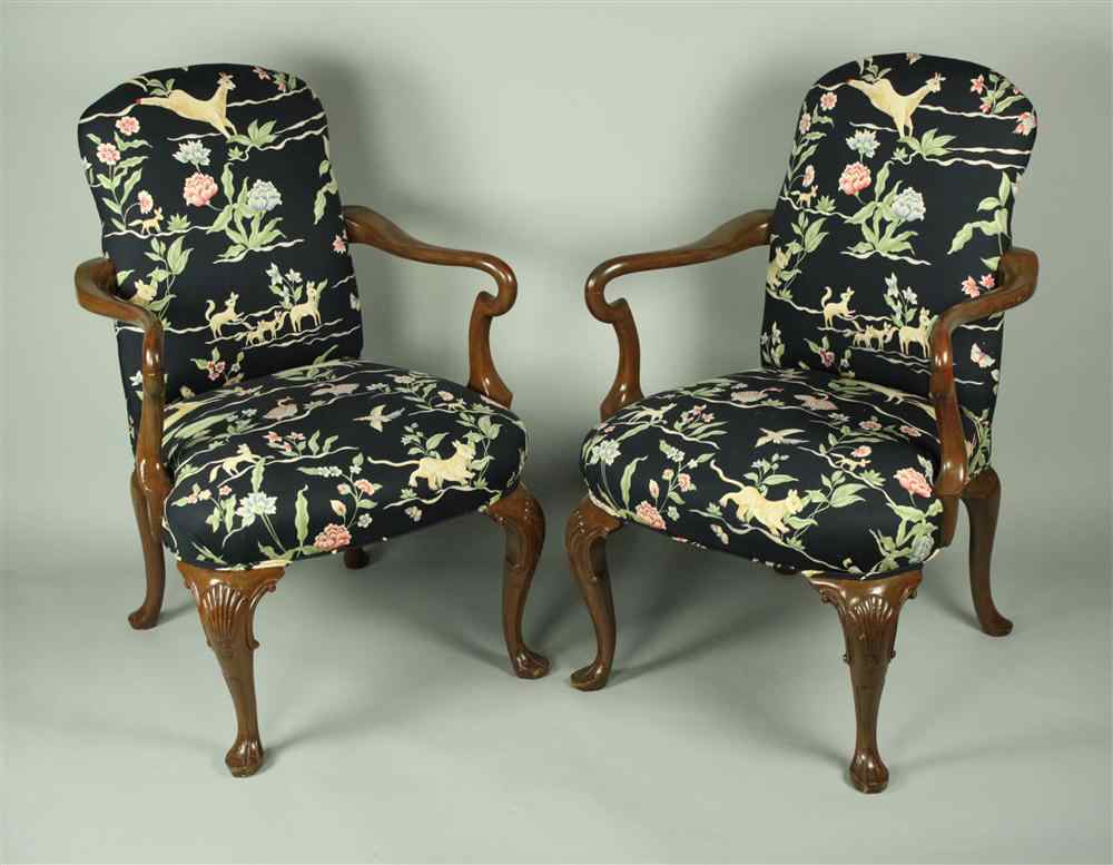 Appraisal: PAIR OF QUEEN ANNE STYLE WALNUT OPEN ARM CHAIRS each