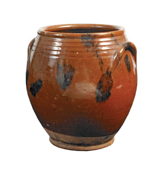 Appraisal: REDWARE HANDLED STORAGE JAR With maganese decoration Height frac inches