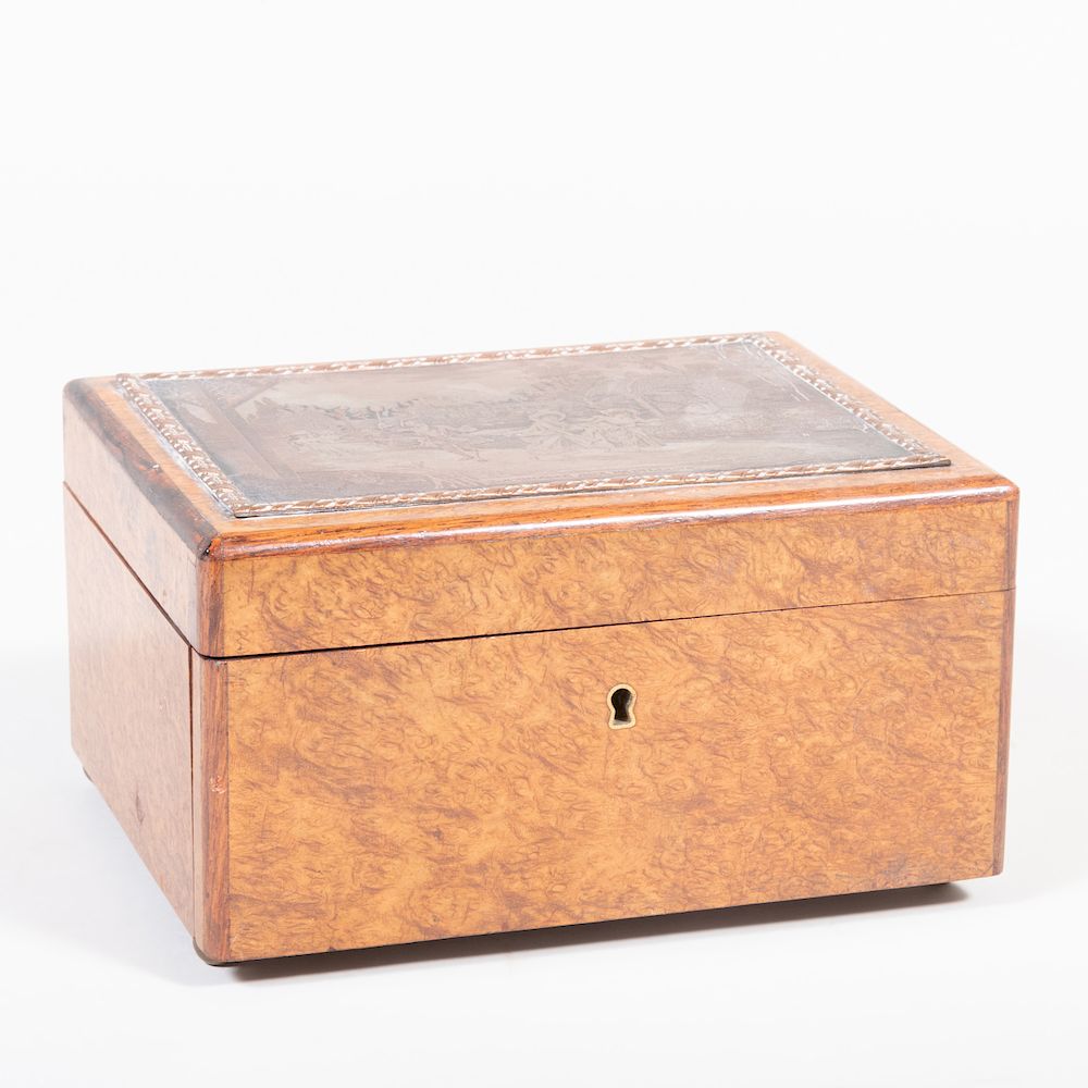 Appraisal: Continental Burl Humidor Mounted with an Engraving Plate The engraving