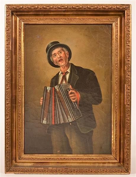 Appraisal: Oil on Canvas Painting Man Playing Accordion th Century Oil