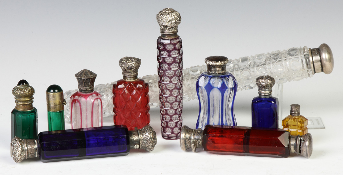 Appraisal: Group of Various Scent Bottles th cent Overlay silver some