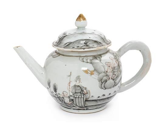 Appraisal: A Chinese Export Gilt Decorated Grisaille Porcelain Teapot Length inches