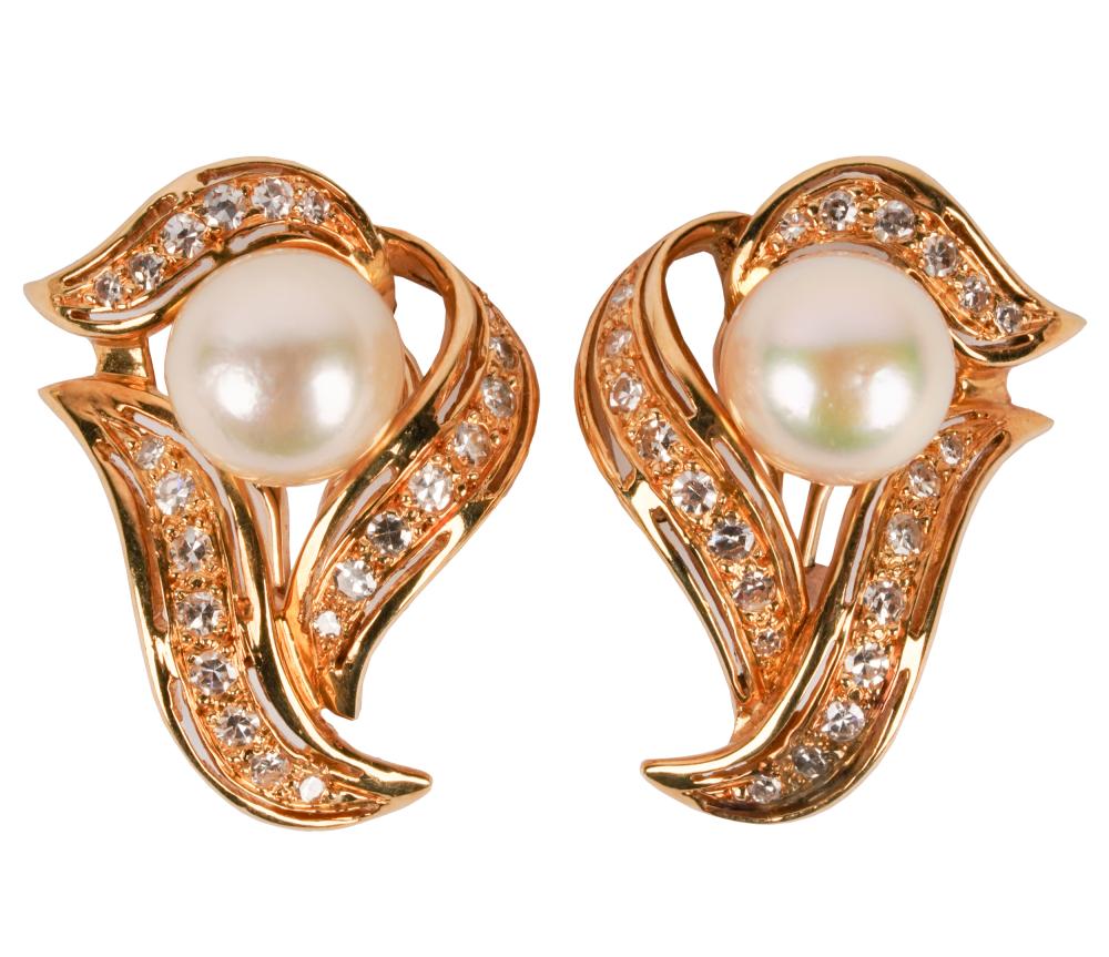 Appraisal: PAIR OF KARAT YELLOW GOLD DIAMOND PEARL EARRINGScontaining two round