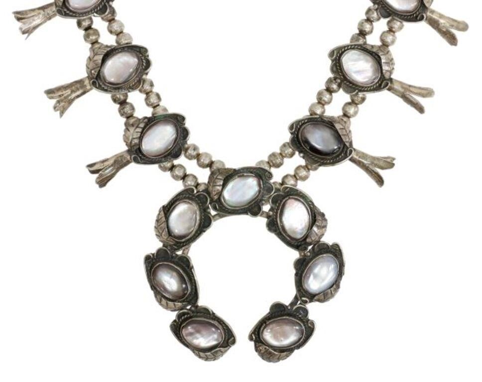 Appraisal: Native American silver content unknown squash blossom necklace signed JW