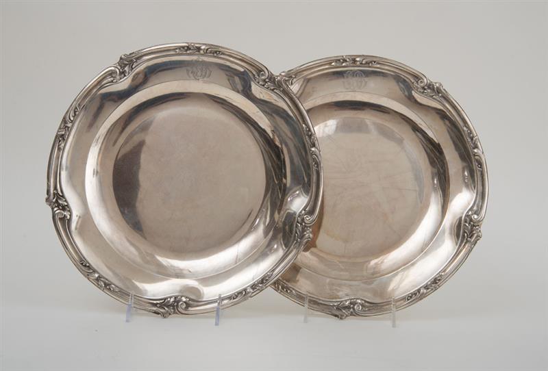 Appraisal: PAIR OF FRENCH MONOGRAMMED SILVER CIRCULAR DISHES Retailed by L