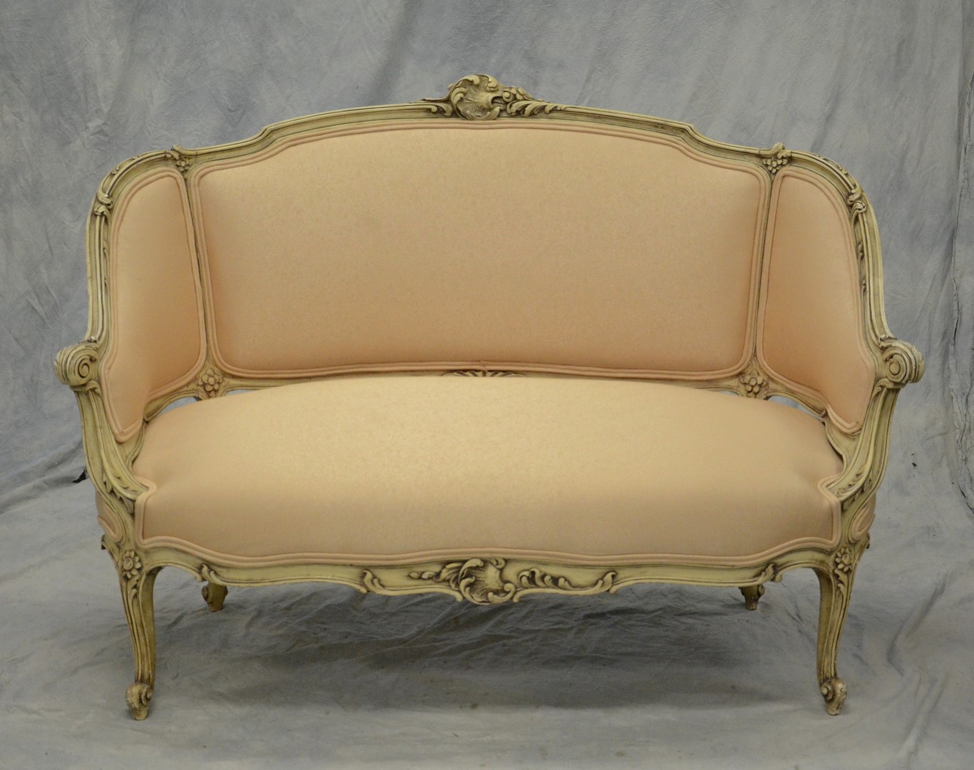 Appraisal: White Louis XV-Style Settee ivory upholstery h w