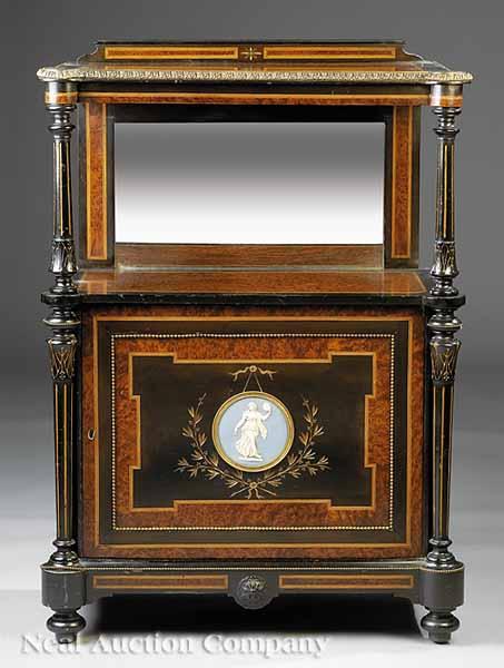 Appraisal: An English Louis XVI-Style Ebonized Burled Walnut and Inlaid Etagere