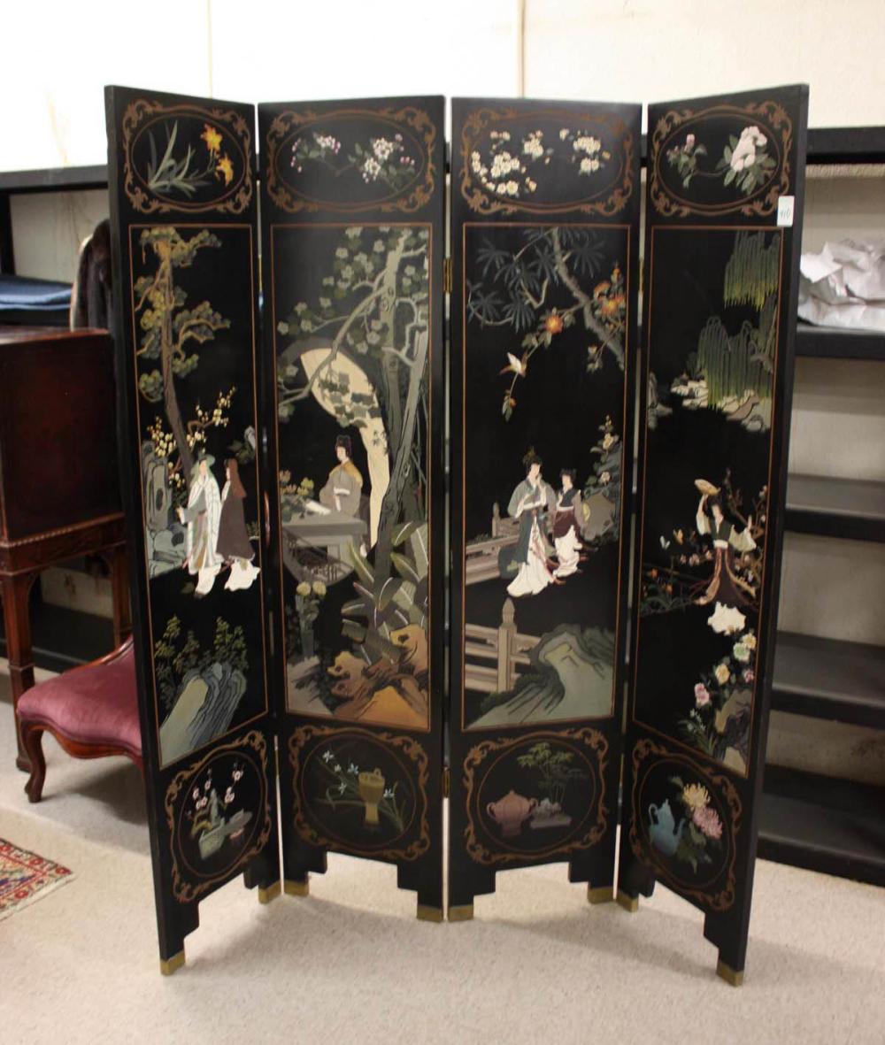 Appraisal: CHINESE FOUR-PANEL COROMANDEL FLOOR SCREEN one side featuring painted and