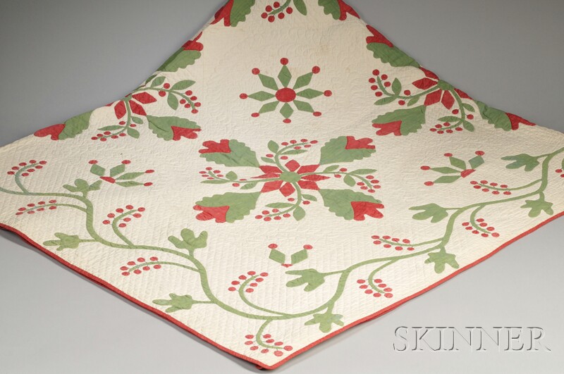 Appraisal: Pieced and Applique Cotton Quilt with Red and Green Flowers