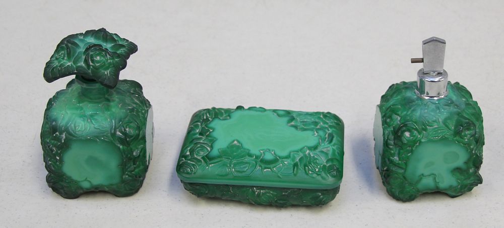 Appraisal: Lot Of Malachite Vanity Items To include an atomizer a