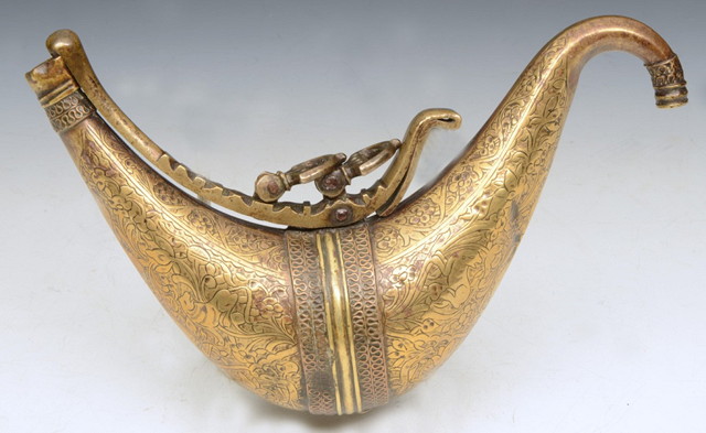 Appraisal: AN OLD ARABIC GILDED COPPER SWAN NECK POWDER FLASK with