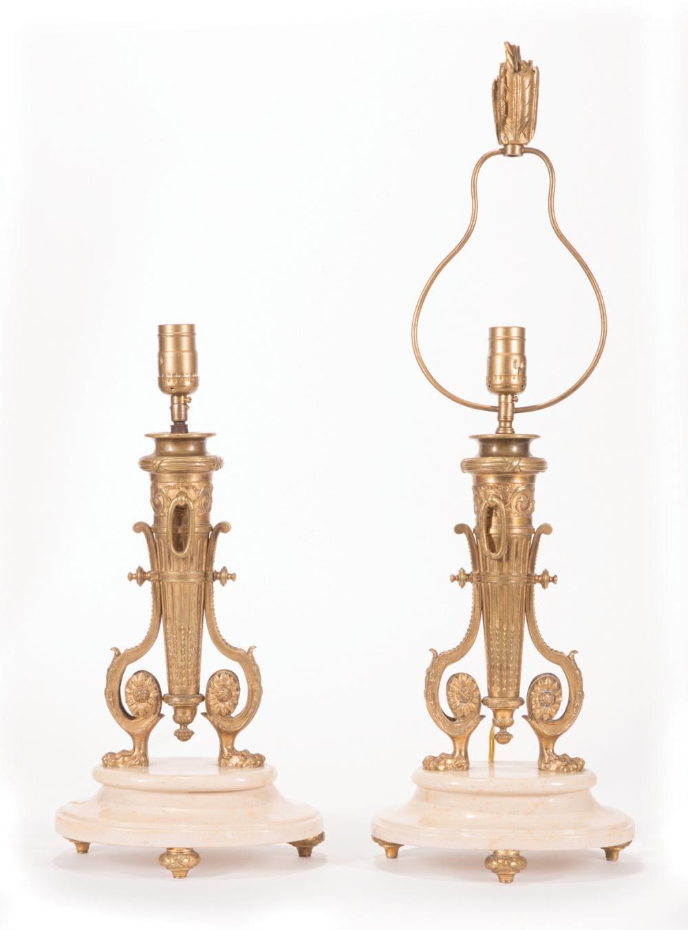 Appraisal: Pair of French Gilt Bronze and Marble Table Lamps in