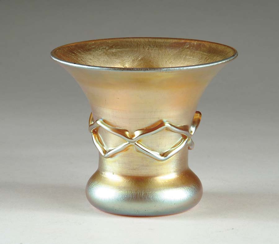 Appraisal: TIFFANY DECORATED VASE Classic gold Favrile vase with Egyptian chain