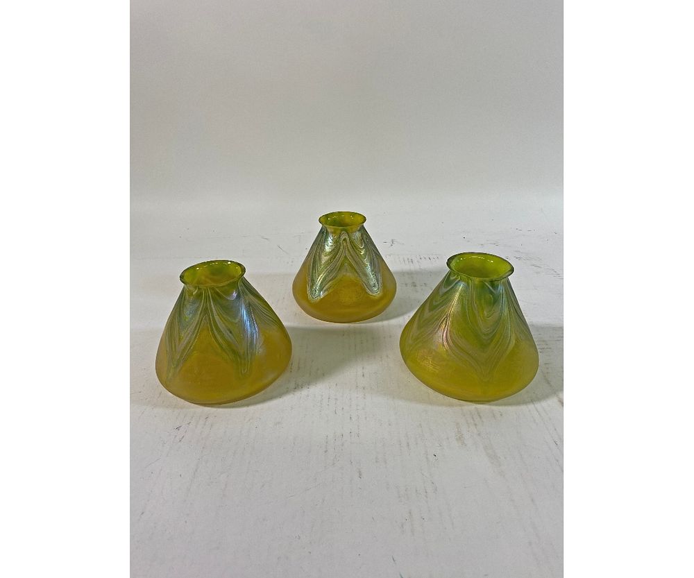 Appraisal: Three Irredescent Glass Shades Three irredescent glass shades attributed to