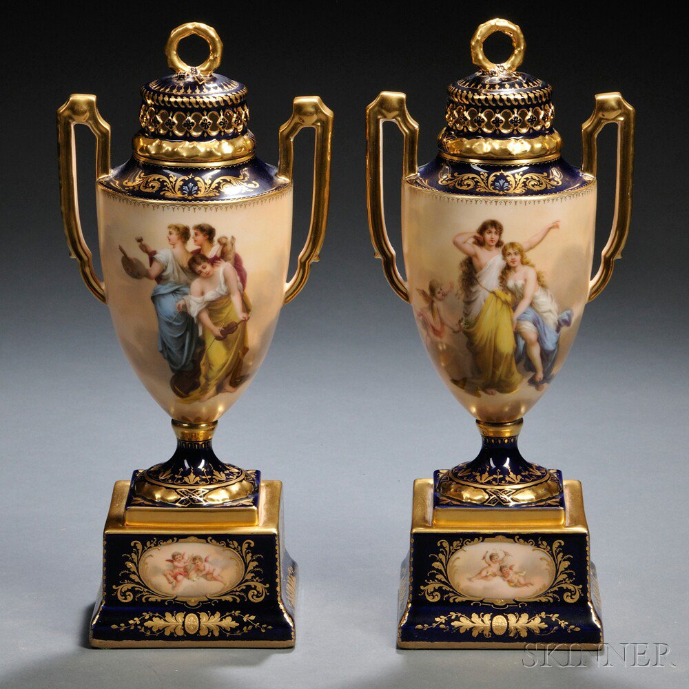 Appraisal: Pair of Vienna Porcelain Covered Urns Austria late th century