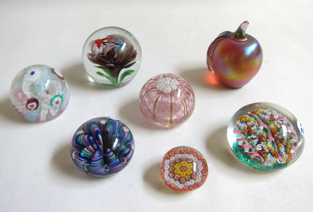 Appraisal: SEVEN STUDIO ART GLASS PAPERWEIGHTS consisting of a Gibson apple