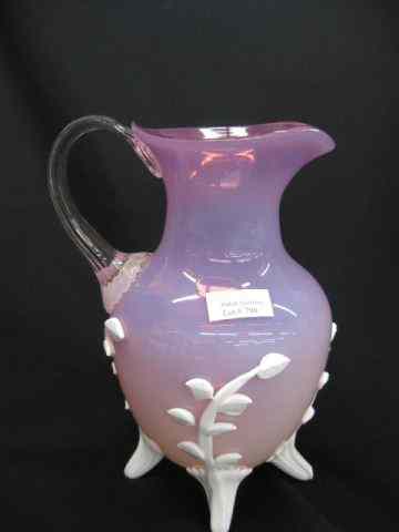 Appraisal: Cranberry to Peach Opalescent Art Glass Pitcher applied white leaf