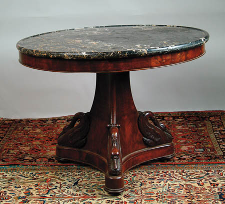 Appraisal: OUTSTANDING MAHOGANY ROUND MARBLE TOP CENTER TABLE WITH CARVED SWANS