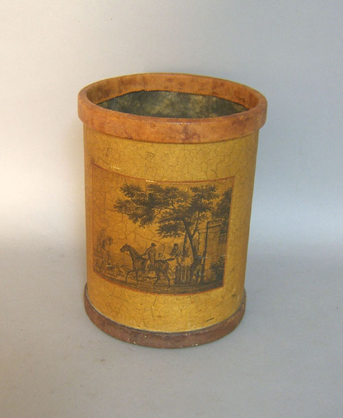 Appraisal: English leatherbound waste bucket with transfer fox hunt scene h