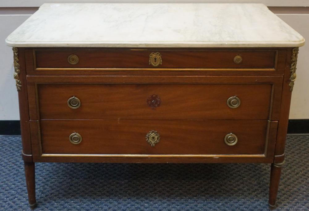 Appraisal: LOUIS XV STYLE MARBLE TOPPED ORMOLU MOUNTED MAHOGANY COMMODE WITH