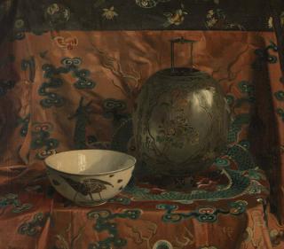 Appraisal: Julius Moessel Still life with a Chinese enamelled glass lantern