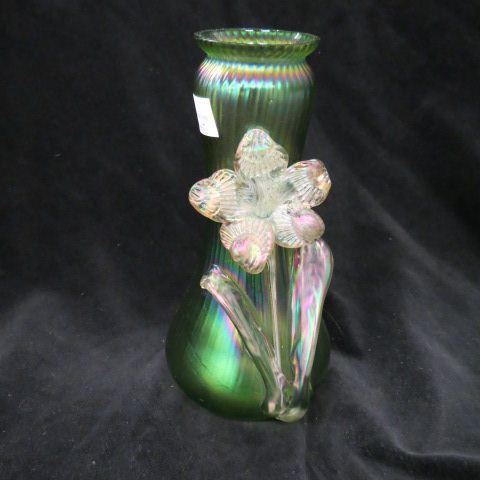 Appraisal: Loetz Art Glass Vase iridescent applied flower on green ribbed