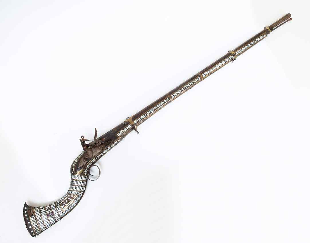 Appraisal: PERSIAN AFGHAN INLAID JEZAIL MUSKET Profusely inlaid with brass and