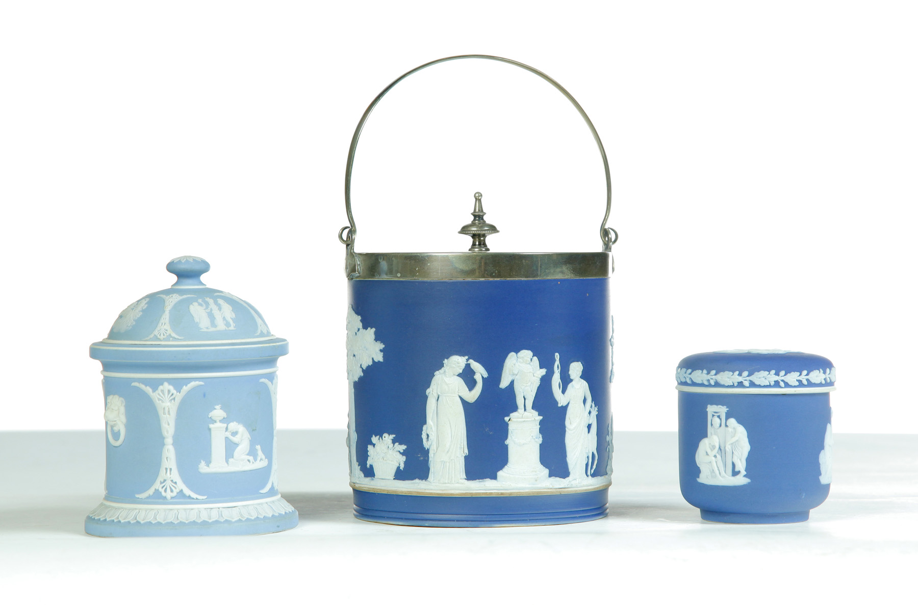 Appraisal: THREE LIDDED WEDGWOOD BLUE DIP JASPERWARE PIECES England ca Dark