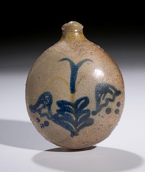 Appraisal: STONEWARE FLASK WITH COBALT DECORATION American ca - slightly flattened