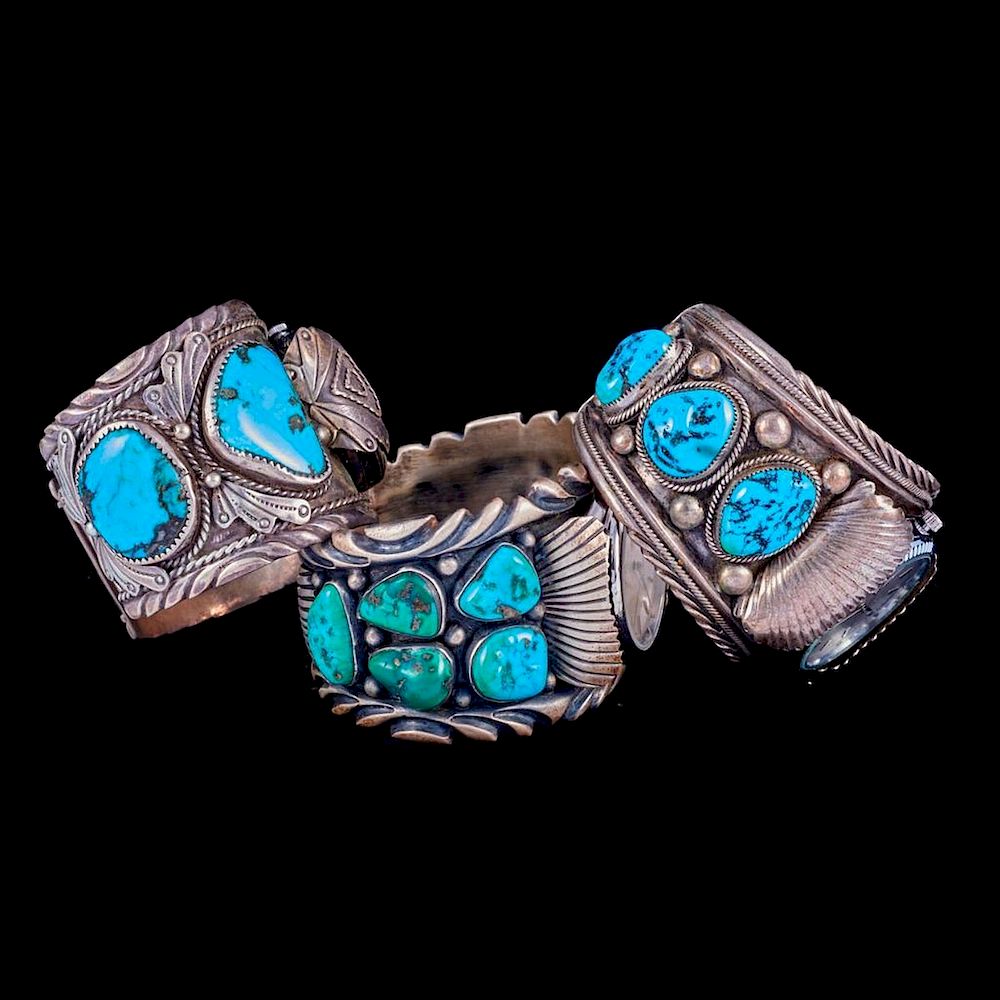 Appraisal: NAVAJO WATCH CUFF BRACELETS Three Old Pawn Southwest turquoise silver