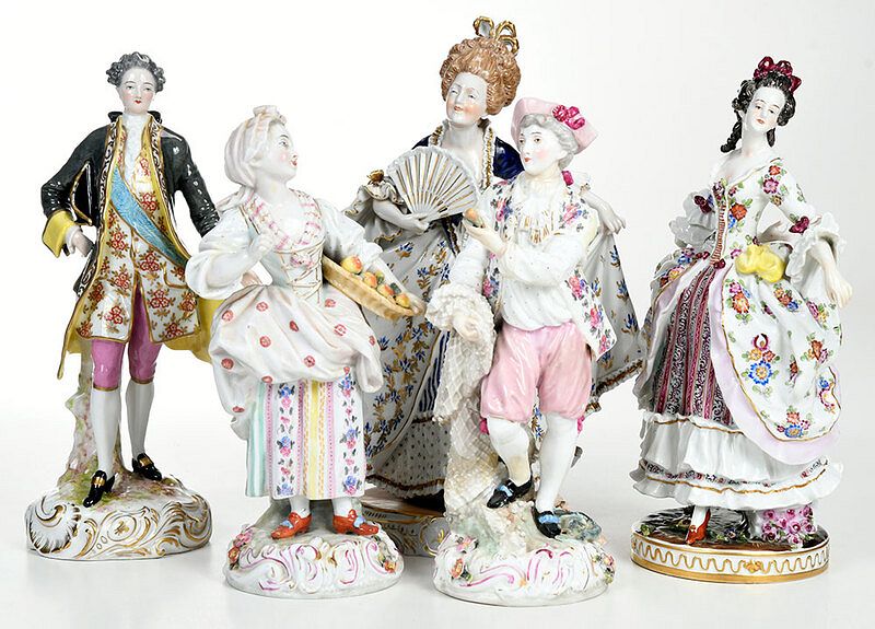 Appraisal: Five German Handpainted Porcelain Figures th century pair fruit vendor