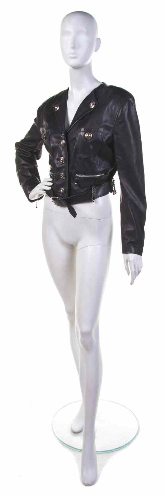 Appraisal: A Moschino Black Leather Biker Jacket with hematite buttons Labeled