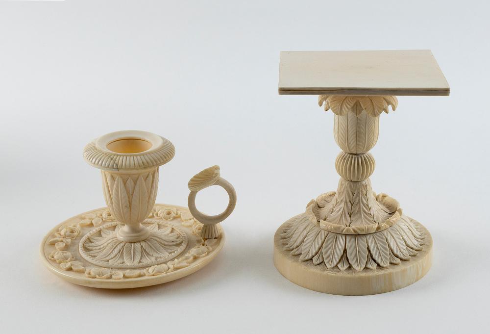 Appraisal: ENGLISH CARVED IVORY CHAMBER STICK AND PEDESTAL STAND LATE TH