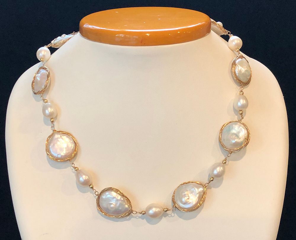 Appraisal: White Baroque Pearl and Sterling Silver Vermeil Wire Necklace mm