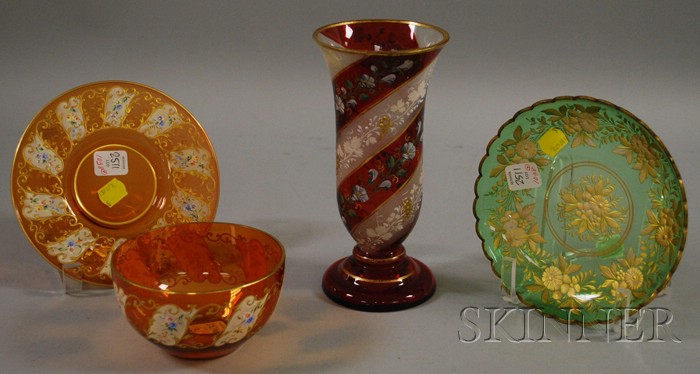 Appraisal: Four European Enameled and Gilt-decorated Colored Art Glass Table Items