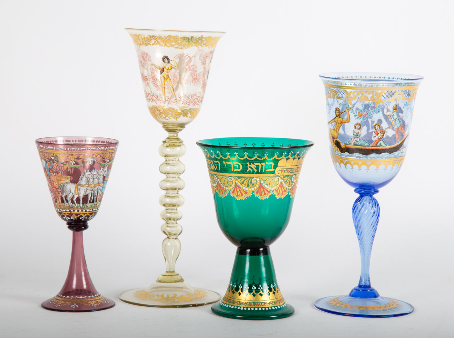 Appraisal: Four German enamel decorated glass wine stems early th century