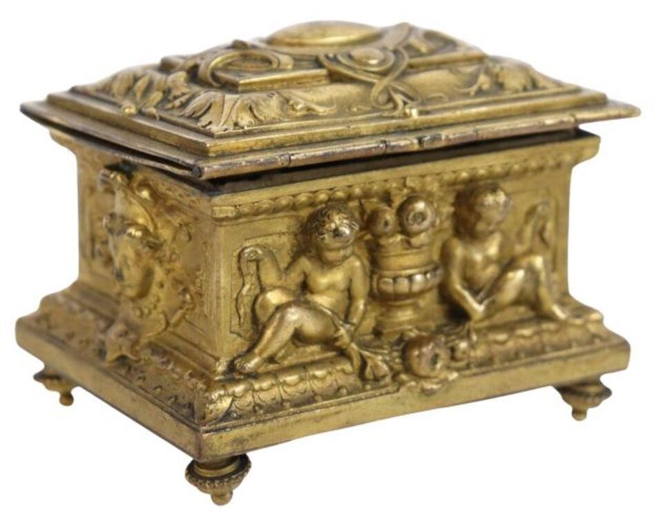 Appraisal: French Neoclassical gilt metal jewel casket th c with cherubs