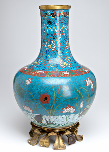 Appraisal: CHINESE CLOISONNE Vase decorated with fish swimming among flowering lotus