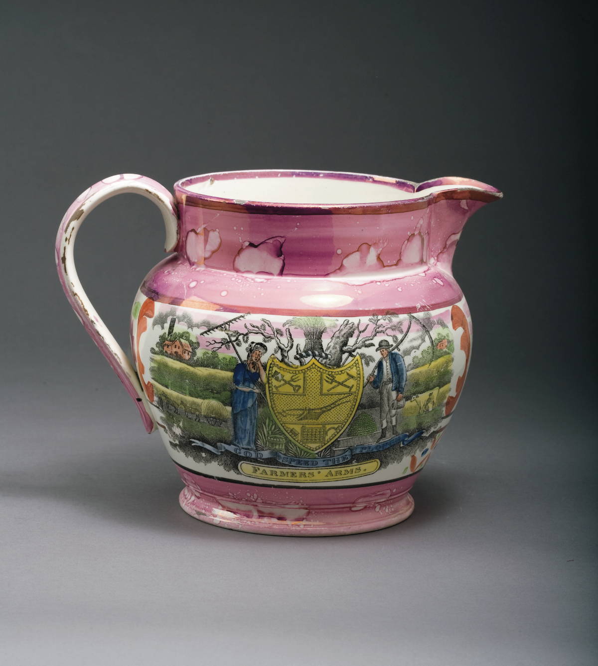 Appraisal: SUNDERLAND MOTTLED PINK LUSTRE ENAMEL-DECORATED AND BLACK TRANSFER-PRINTED JUG CIRCA