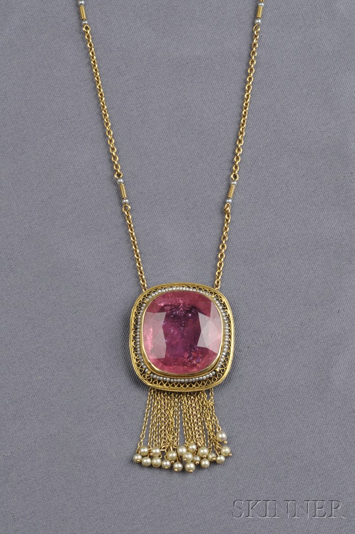 Appraisal: kt Gold Pink Tourmaline and Seed Pearl Necklace bezel-set with