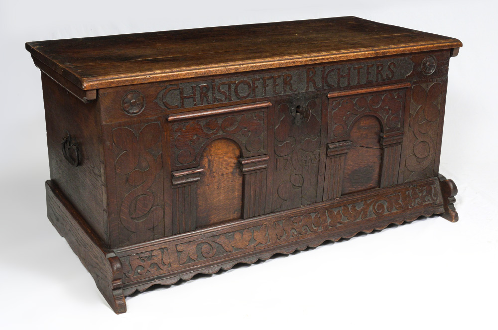 Appraisal: CHRISTOFFER RICHTERS CARVED CHEST th century construction hinged lid with