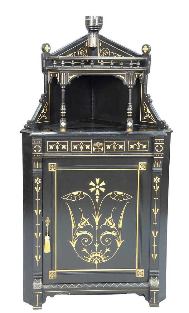 Appraisal: Aesthetic Ebonized Corner Cabinet with gilt incised lines height inches