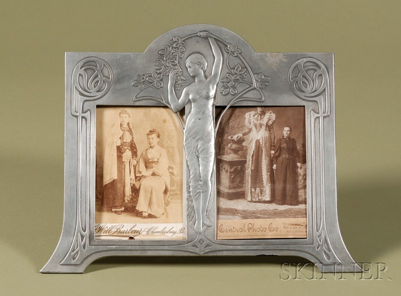 Appraisal: Jugendstil Pewter Double Picture Frame with Two Cabinet Cards likely