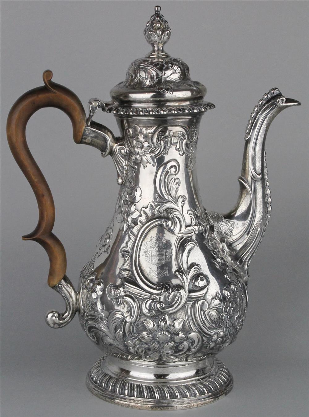 Appraisal: GEORGE III SILVER ARMORIAL COFFEE POT London maker's mark H