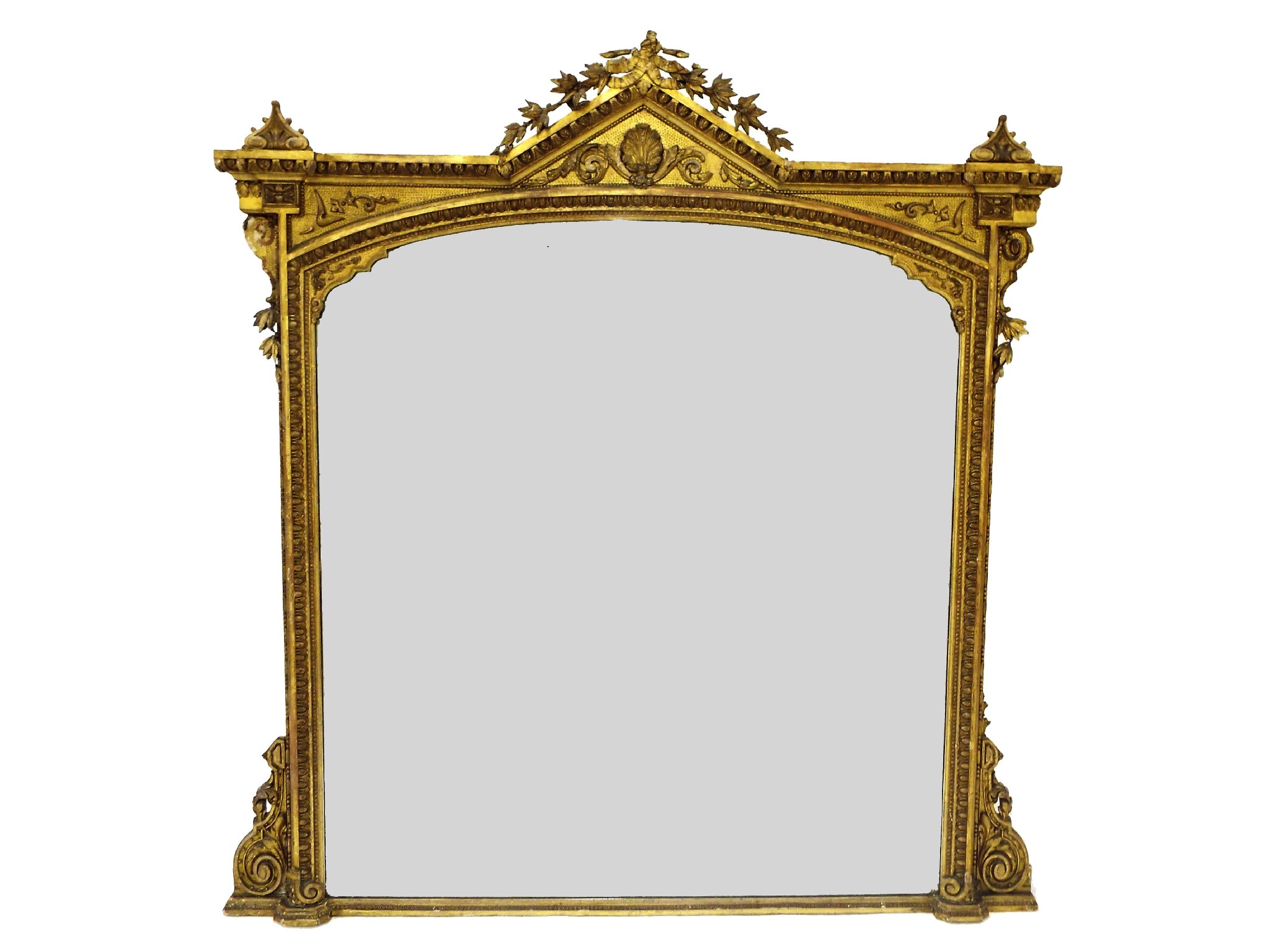 Appraisal: Good large antique overmantel giltwood wall mirror surmounted bya ribbon