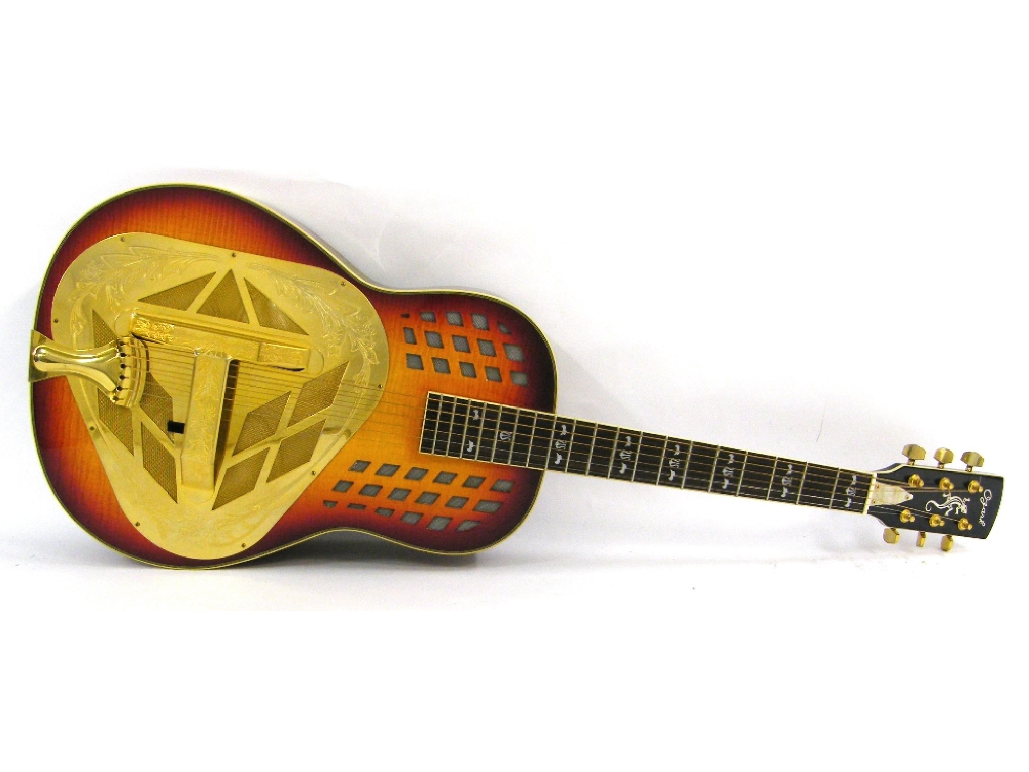 Appraisal: Ozark resonator acoustic guitar sunburst finish with engraved brass resonator