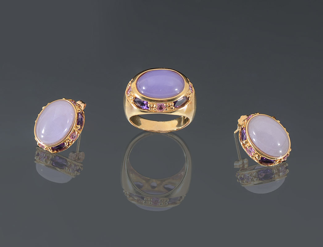 Appraisal: K JADE TOURMALINE AMETHYST RING EARRING SET K yellow gold