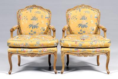 Appraisal: Pair Louis XV style fauteil fruitwood each with carved crest