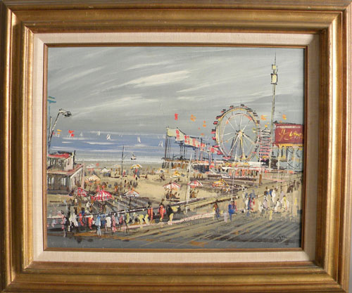 Appraisal: Oil on canvas of a boardwalk carnival scene x