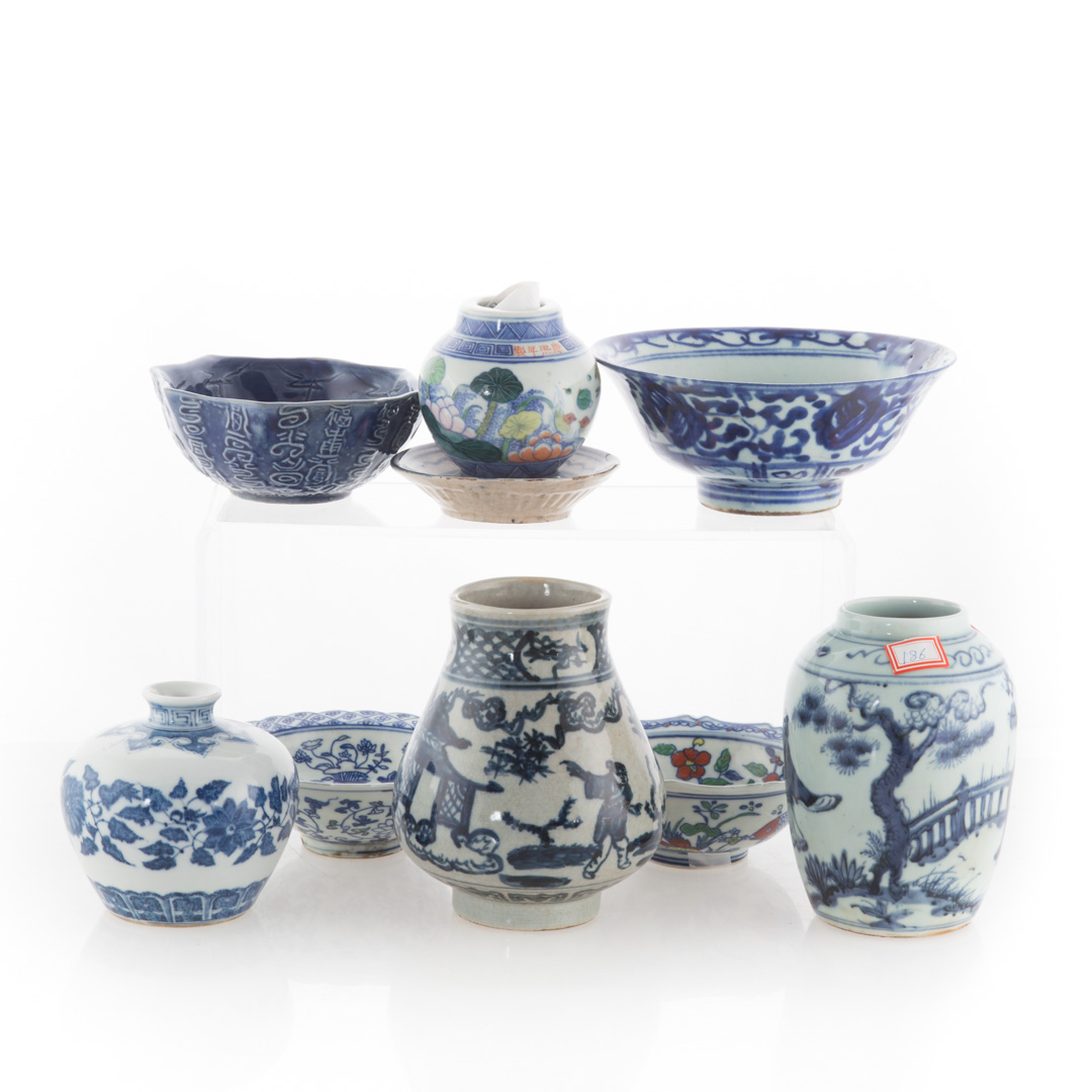 Appraisal: Nine pieces oriental style blue and white china